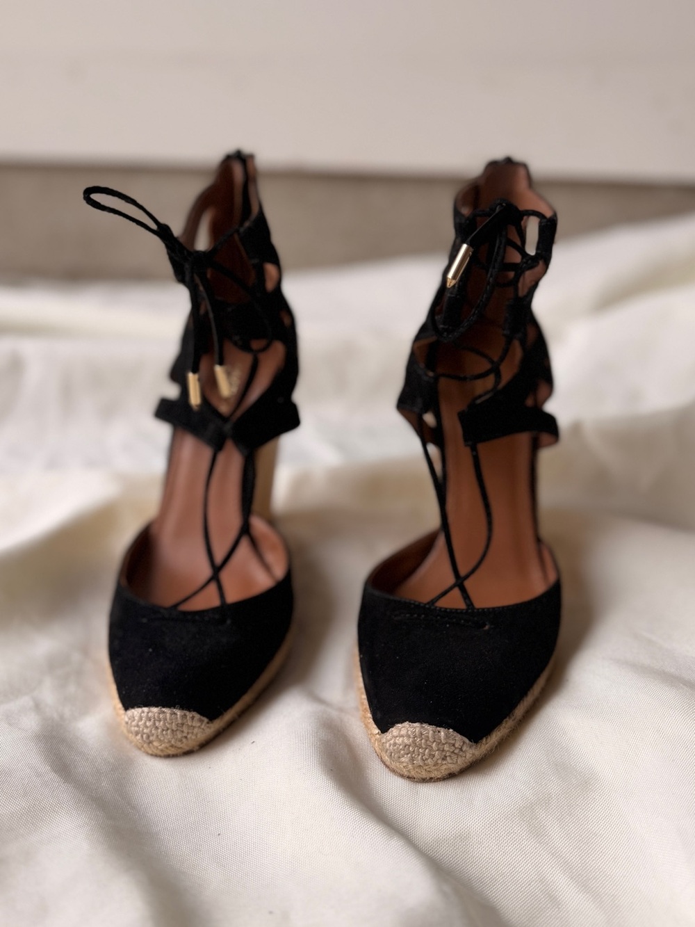 Aquazzura Black Lace-Up Espadrille Wedges with Jute Toe